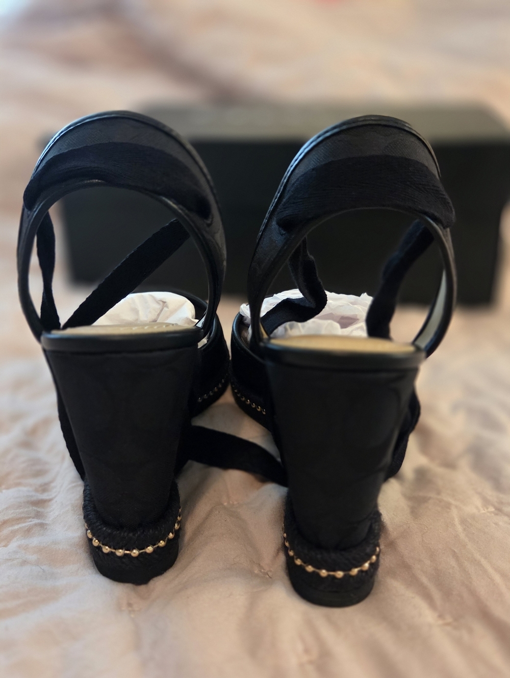 Coach Page Signature Black Logo Espadrille Wedge Sandals with Tie-Strap - Picture 6 of 7